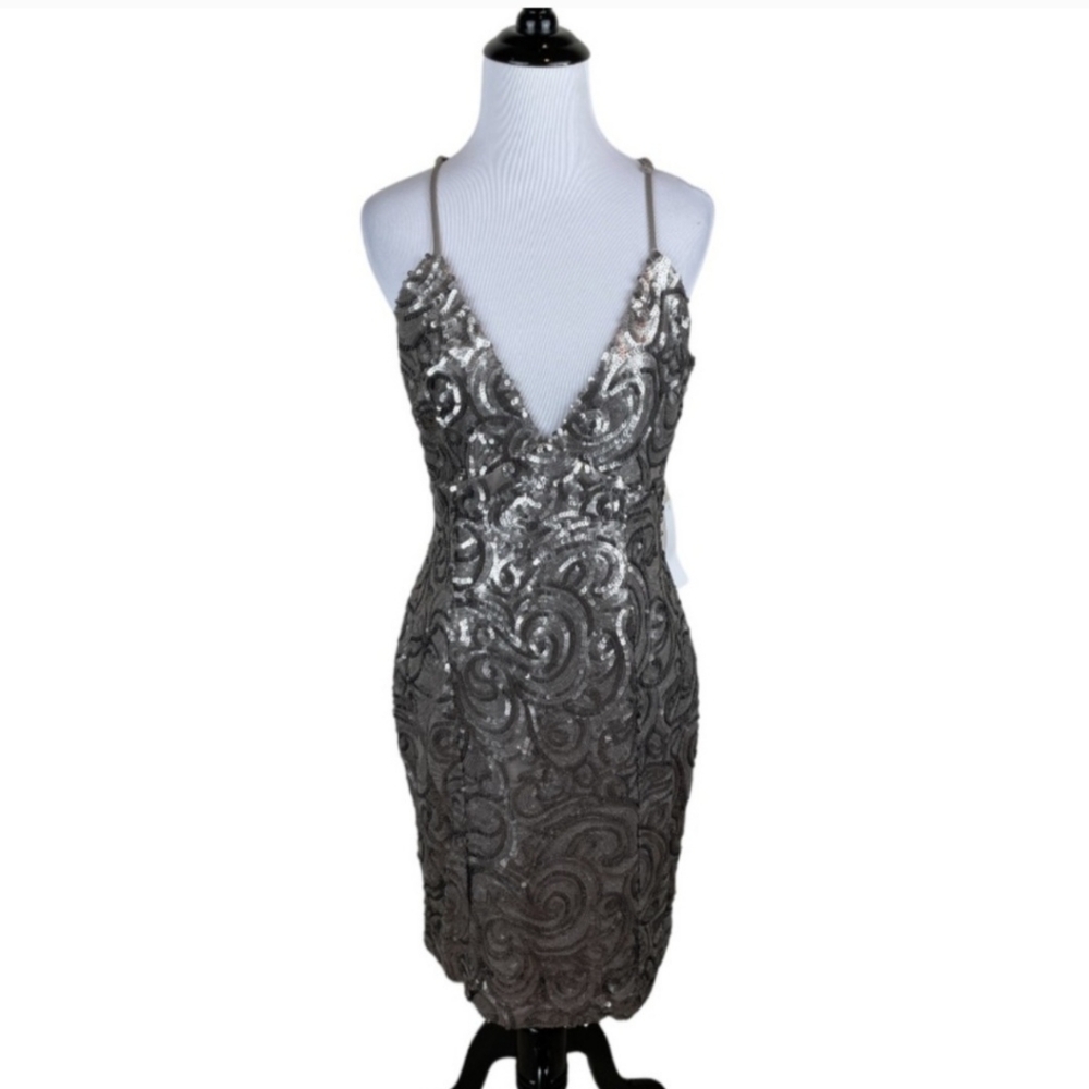 NWT Venus Matte Gold Sequin Plunge Vneck Bodice Bodycon Prom Party Dress 10